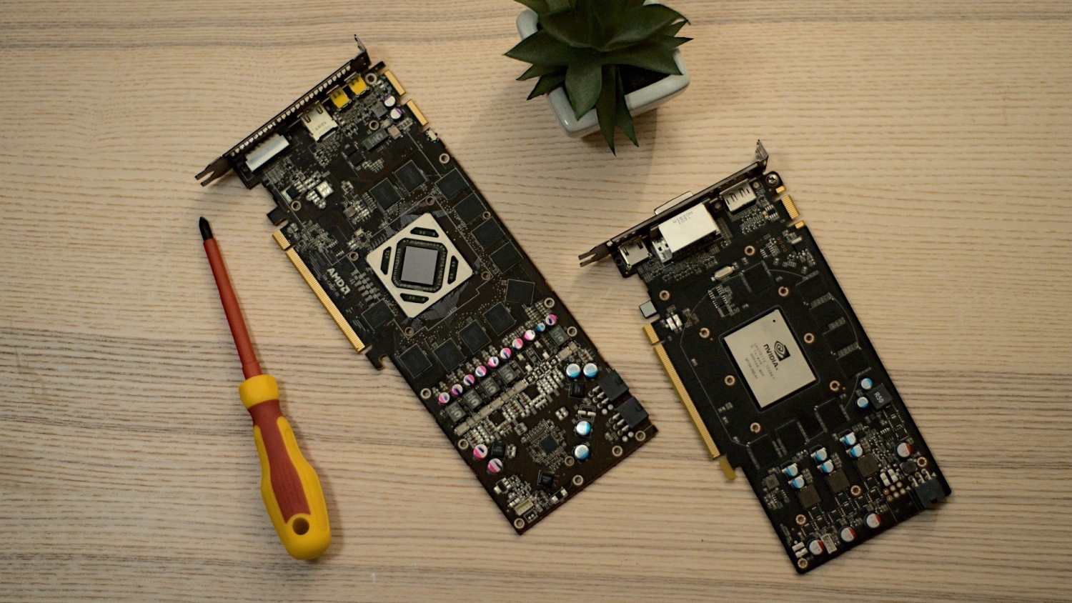 Two disassembled graphics cards from AMD and NVIDIA placed on a wooden desk beside a screwdriver and a small plant.