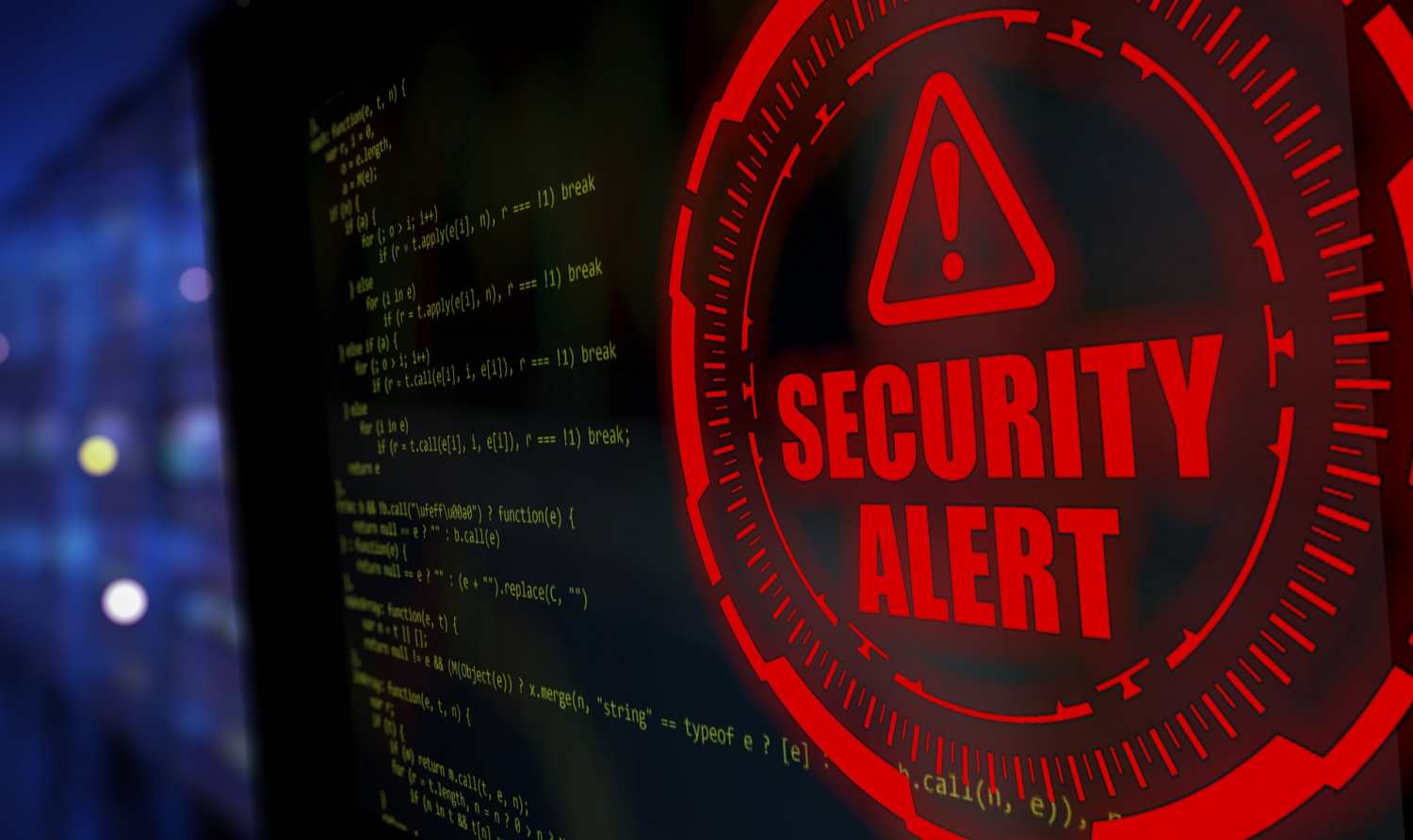 Security alert warning on a screen with code, symbolizing potential smart home security threats.