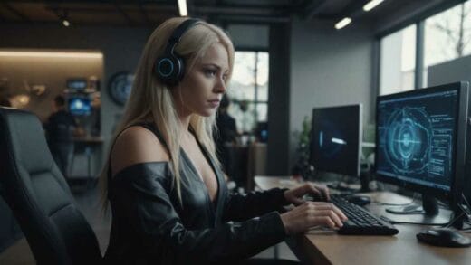 Female gamer in black leather jacket wearing headphones, focused on coding at a desktop computer in a modern office.